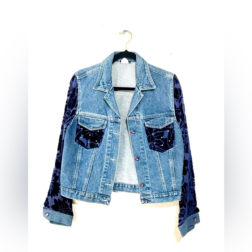 Vtg Y2K David David Women's Rhinestone Velvet Sleeve Jean Jacket Sz S‎